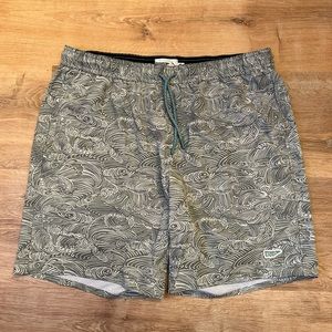 WELLEN Performance Lined Swim Trunks - 7" in Green Waves  XL EUC